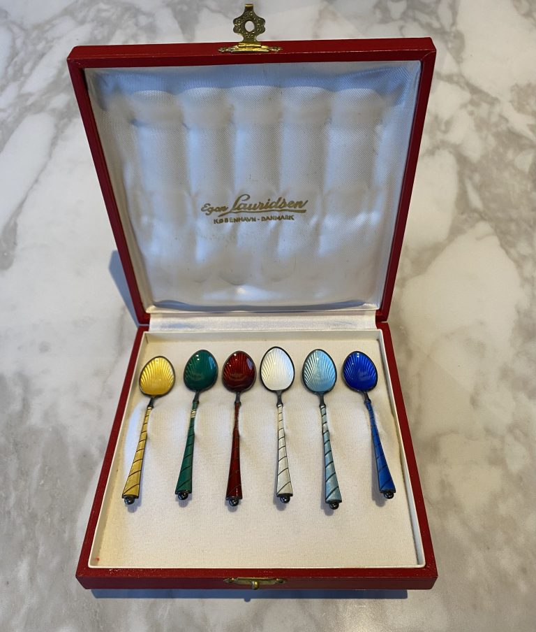 Box of 6 enamelled spoons, Lauridsen, Denmark